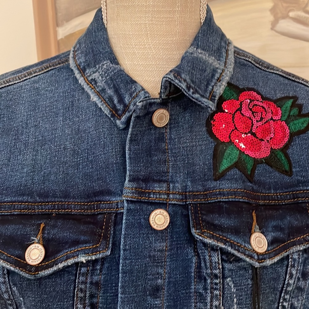 Custom made designer Jean jacket with sequin rose on front and roses on back